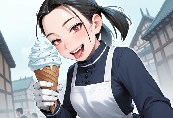 in ancient Bridge in the Fog,  Cool Smiling young female with ice cream as crazy, exciting hand job,  The expanded ice cream is hard trembling with tension, lot of mucus on ice cream,  pink pig tails wide hair,  long apron, school uniform mixed gothic, 張り詰...