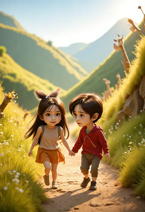 Pixar style, , The girl is with a boy walking and having fun UP