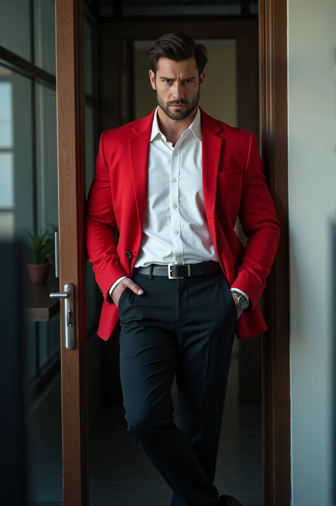 Muscular man, big shoulders, leaning against the office door, wearing a white shirt, red jacket, black trousers, black belt, too tall, model pose