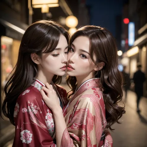 ((highest quality, 8K, masterpiece: 1.3)), sharp focus: 1.2, two beautiful women with perfect style: sexy red kimono, women are deeply in love with each other, kiss, (dark brown hair, big: 1.2), (light, city street at night: 1.1), Highly detailed face and ...