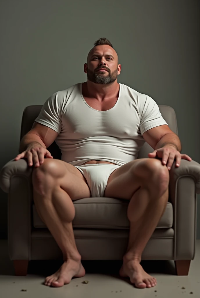 guy 30 years old, without shorts,  sits on a chair, in panties, in a T-shirt, pumped up