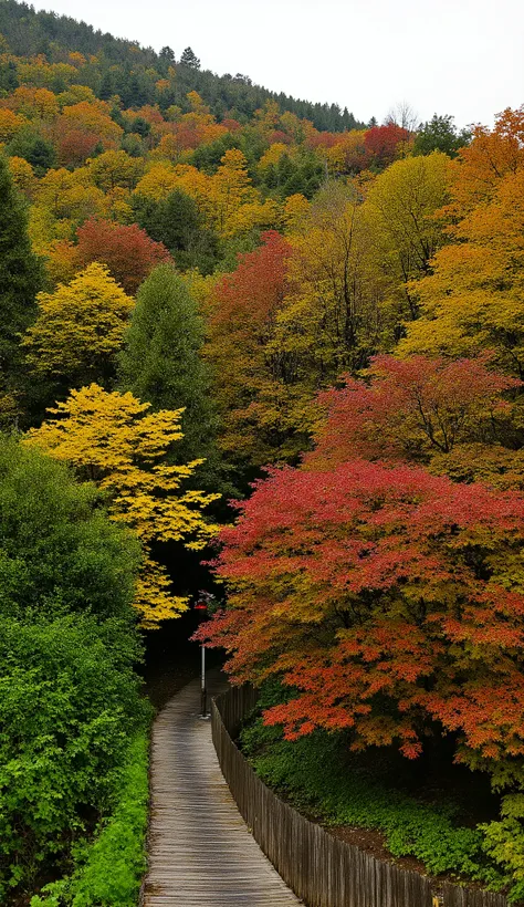 ((top-quality, masterpiece:1.3)), (Amazing Art work:1.1)), (Very realistic:1.2), (Photo, live action), ((Japanese Nature Scenery:1.2)), Autumn leaves, forest, Ragged and decaying wooden paths, (Maple with red leaves, beech with yellow leaves, Quercus crisp...