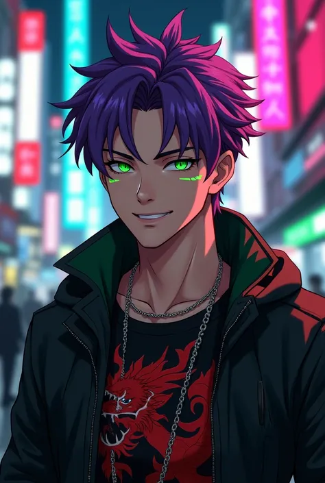 1 boy, purple hair,  green eyes, neon, black jacket. Red dragon on the shirt, smile. cyberpunk,  short hair, loose pants, city. strong. beautiful, masculine, man, green details, green lines on the face