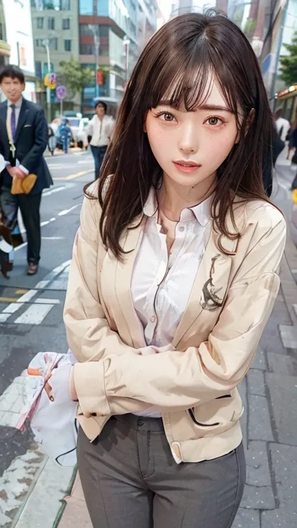 Highest,masterpiece,Highest品質, high definition , High Quality ,Realistic, Medium Hair ,Business Bags:1.2,Wet髪,torn pantyhose, pants style , high heels,  colored shirt , my breasts are small, black jacket , business suit in need of an emergency :1.5,,,Place...