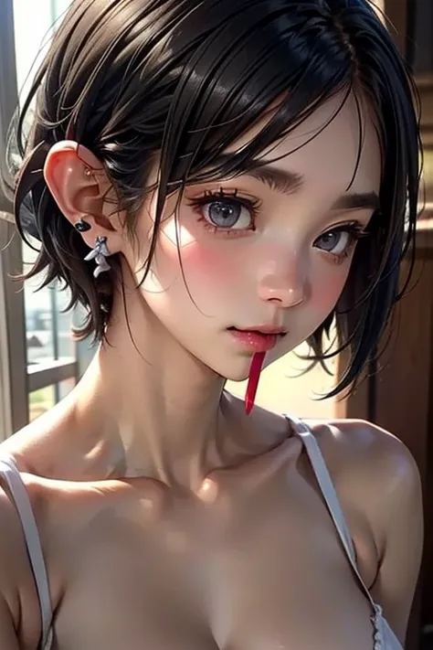 A skinny girl with pircins in her ears, nose and mouth, Long pointed ears ,  black hair,  short hair,  messy hair , B cup breasts,shy, Heavy breathing, Light blush,  Bleeding from the nose , Sleepy, Discontent, Uneven sclera, from above, from below, 