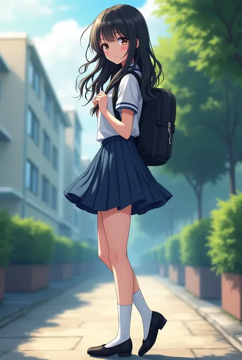 Sexy 18-year-old woman wearing high school student clothes with long wavy black hair, dark brown eyes, Short sleeve blouse, short blue pleated skirt, black ballet shoes white socks ,  is carrying a backpack on her back with an expression of sympathy,  anim...