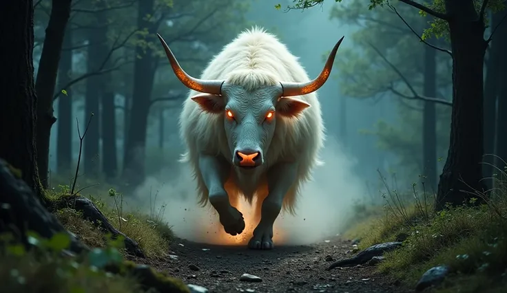 "The radiant white Cretan Bull charges through a dense forest, its glowing coat shimmering under the moonlight as it crashes through trees and foliage. Its fiery red eyes burn with untamed fury, and its massive hooves leave deep imprints in the soft earth....