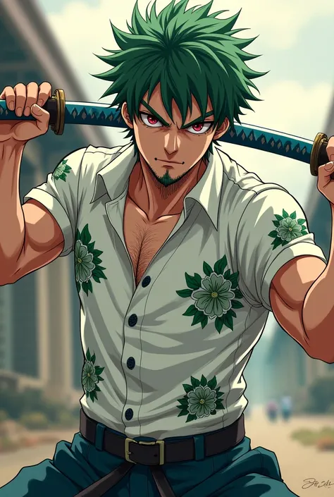  Anime man Missy short hair green ,white polo with green flowers,with two katana blue handle ,have red eyes,gray small beard , battle damage