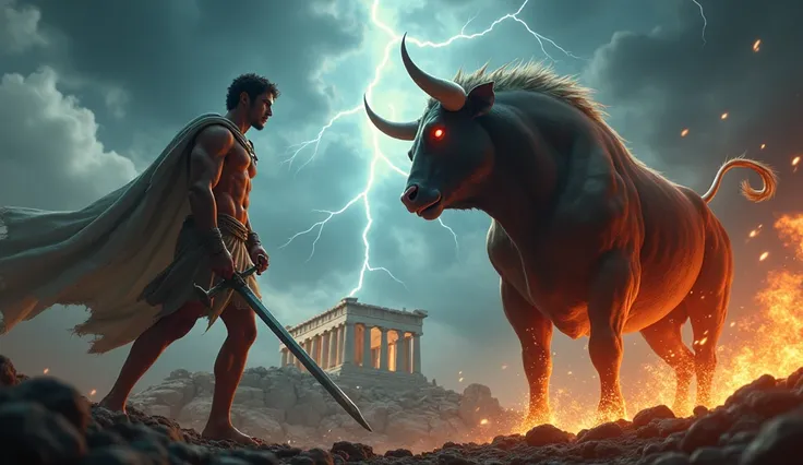 "In the shadow of the Athenian Acropolis, the radiant white Cretan Bull faces off against Theseus, the young hero standing resolute with a sword in hand. The bull’s glowing coat and fiery red eyes contrast with the dark, brooding storm clouds gathering ove...