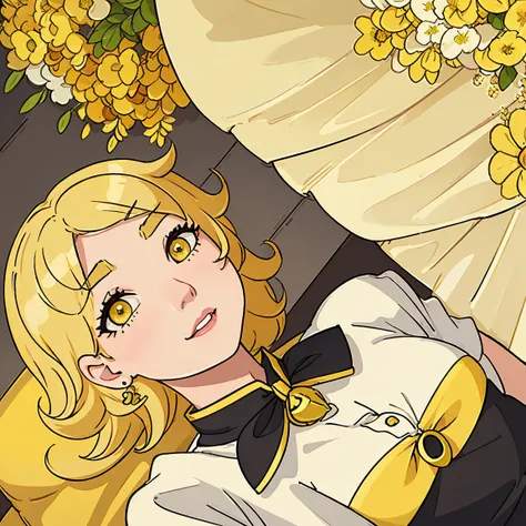  yellow hair、Yellow Eyes、 short bob hair、Curly hair at the tips of the hair、、Oval eyebrows、Yellow eyebrows、bell shaped earrings 、masterpiece, best quality, detailed