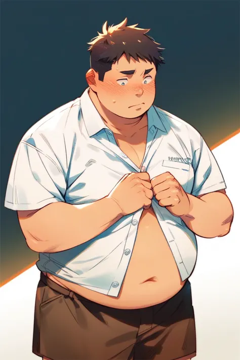 anime style, one boy, male , yuta okotsu, obese, white shirt with buttons, brown shorts, chubby belly button exposed, standing, buttoning up his shirt, blushed, embarrassed