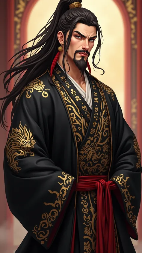  Best Quality ,  high detail ,  High Quality , Fantasy，cartoon， Character Design ，man，Very handsome ， Liu Hai with long hair ,  wearing a black ancient Chinese dragon robe， Golden silk dragon pattern ， gives you a domineering vibe ，contempt， watching peopl...