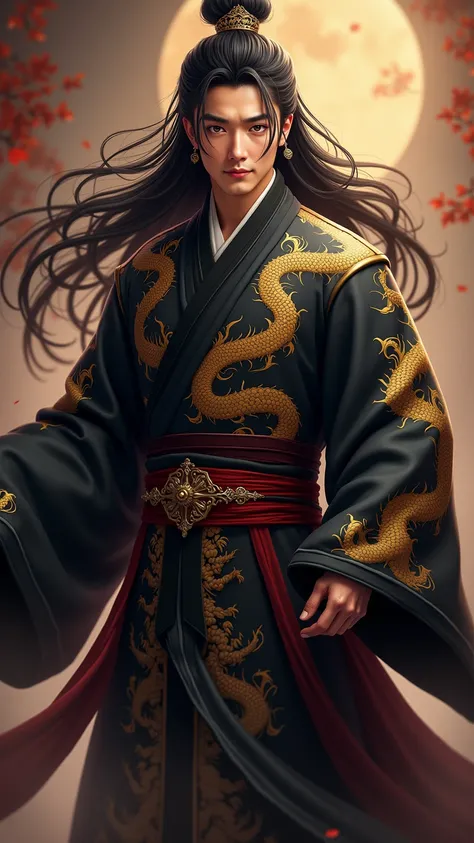  Best Quality ,  high detail ,  High Quality , Fantasy，cartoon， Character Design ，man，Very handsome ， Liu Hai with long hair ,  wearing a black ancient Chinese dragon robe， Golden silk dragon pattern ， gives you a domineering vibe ，contempt， watching peopl...