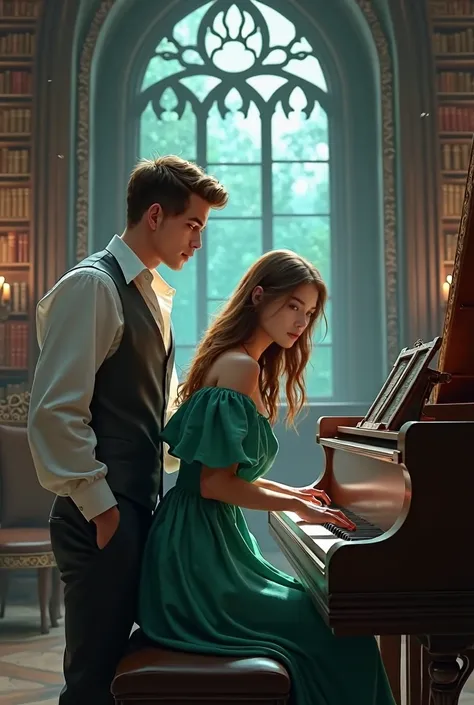 sketch man  ((with brown eyes)), Beautiful,  brown short hair in white in a white shirt ,  dark gray classic vest ,  dark gray pants stands behind the girl and teaches her to play the photrepiano, meanwhile, the girl sits at the piano with brown long hair ...