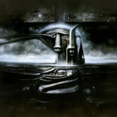 H. R. Gigers g1g3r, , Giger_style, H. R. Gigers g1g3r, , Giger_style, The image is a detailed view of H.R. Gigers " Aleph (work 210) " plate, featuring   vault , a surrealistic depiction digital artwork featuring a face with a head made of mechanical parts...