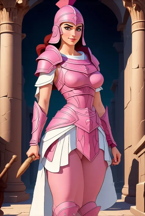 Retro Disney animation style, A beautiful woman wearing an intricate Greek armor, pink and white armor, she has an Stylized body with a narrow waits and wide hips