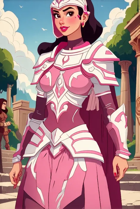 Retro Disney animation style, A beautiful woman wearing an intricate Greek armor, pink and white armor, she has an Stylized body with a narrow waits and wide hips