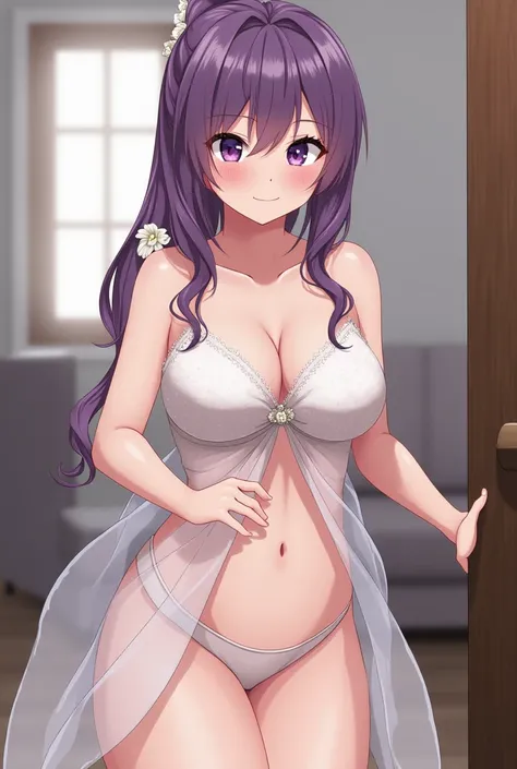 cute girl, beautiful, one-eyed, big eyes, cyclops, purple hair, ponytail, big full breasts, slim waist, slim stomach, big butt, wearing a wedding dress, crop, visible stomach, visible breasts, wearing a thong, wearing a transparent nano skirt, chiffon dres...