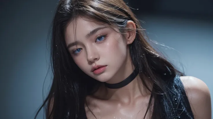 bust shot. a european girl. face. Dejected. half closed eyes. blue eyes. messy hair. dropped jaw. wet skin. choker necklace