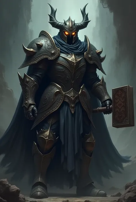 A dark paladin armed with a battle hammer and a book with a book with a book of evil wearing a closed helmet with demonic eyes 