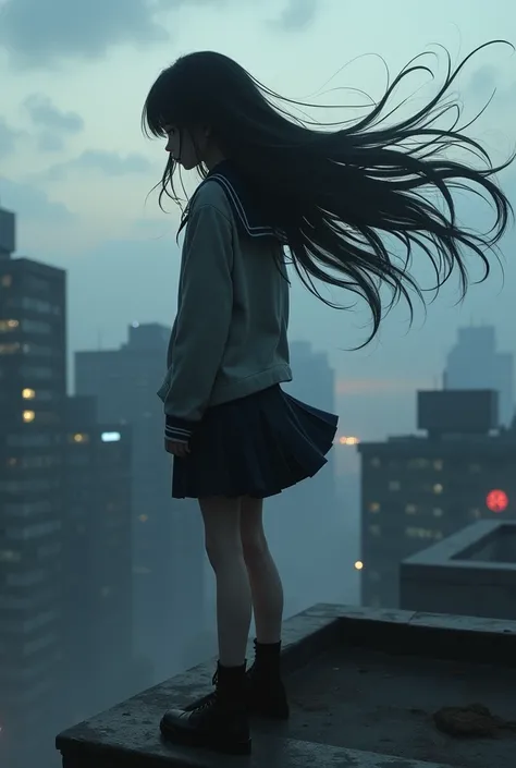 Teen girl with depression wearing school unifrom standing on edge of rooftop, very long black hair, wide blowing her hair