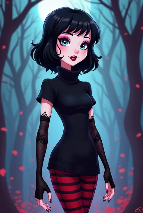 Cartoon. Mavis is a beautiful young vampire woman with a slim-yet-curvy figure, small fangs, pale-fair skin, light blue eyes and silky black hair kept into a flicked out bob with V-shaped bangs. She also wore black lipstick, nail polish and eyeshadow aroun...