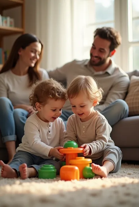  sharing a toy with another  while parents watch.