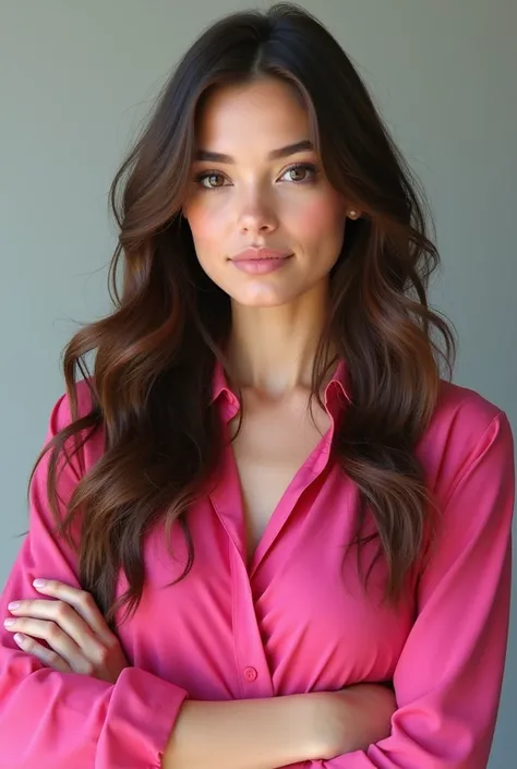 A realistic young woman, long brown hair, natural, delicate pose. She is a passionate social media manager, deeply committed to her work and loves technology. She wears a pink blouse, which highlights her creative and dynamic personality. Serious and confi...