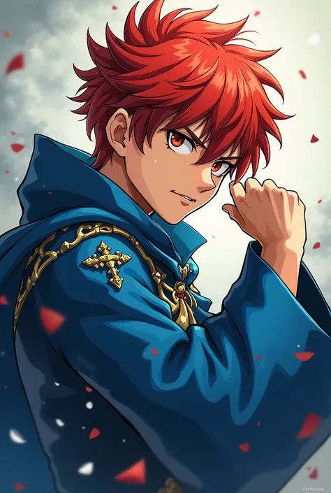  The male protagonist in a blue cloak with gold elements, Crazy eyes, round face, with red hair, he smiles madly and holds his hand on his face in manga style, turned sideways