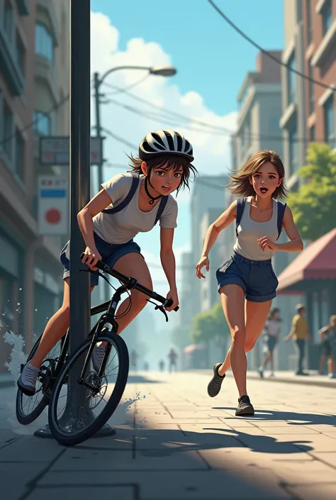 Girl on a bicycle crashes with a light pole next to her a girl running in a hurry to help her from afar