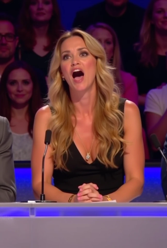 A woman sits at a judges table on a television show, expressing great surprise and excitement. Her facial expression is one of pure shock, conveying either shock or admiration. The background is blurred, with several people sitting and watching.