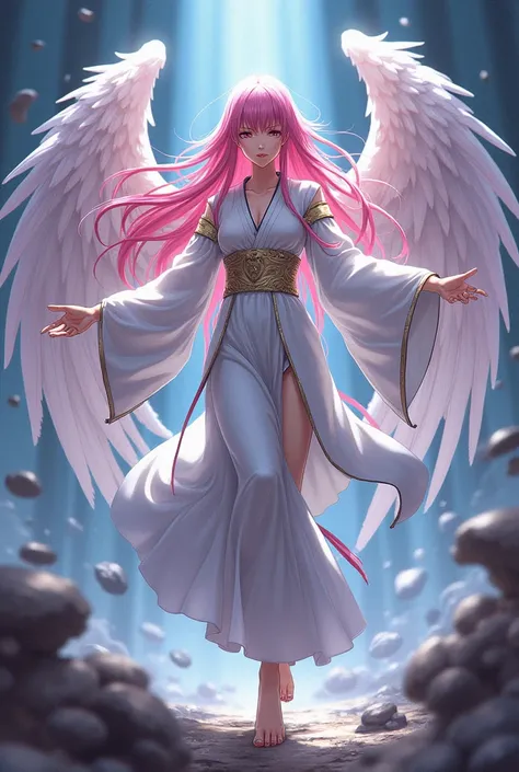 create a woman, In the style of the anime Jujutsu Kaisen ,  she has she is an angel with several wings and has several details, she has long pink hair with a light pink gradient ,Your eyes are black, she wears a white kimono with gold details ,  she is fig...