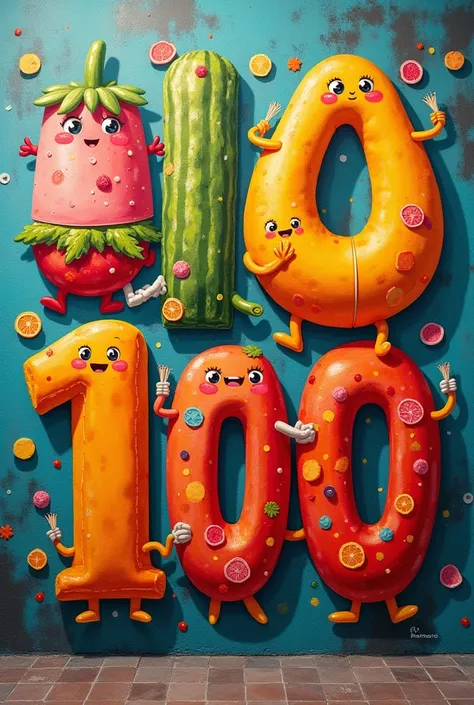 10 to 100 food. Write this on wall 
 
 make this a picture. Which i can implement on wall. 