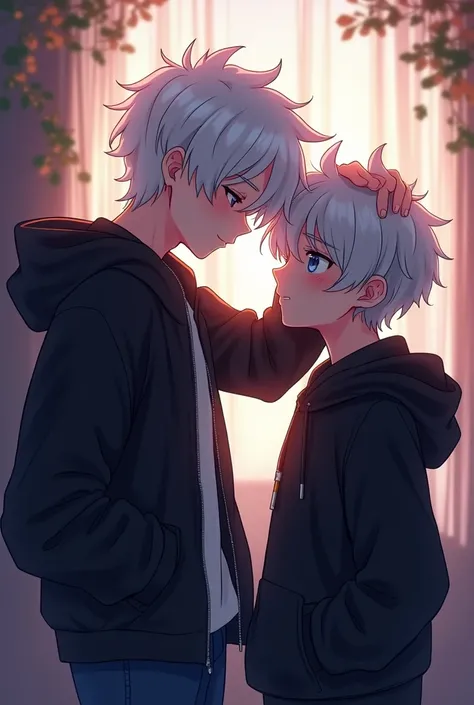 Anime,2 Boys They are Gay,One boy has fluffy white hair he is wear black cool jacket and Pat Pat his mate,Other boy has fluffy silver hair he is wear black cute Hoodie he is blushing while Pat pat