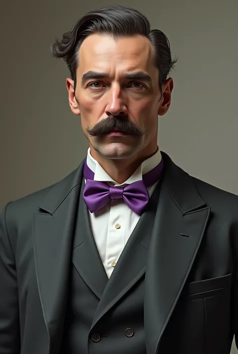 Portrait of a 1900s man with a mustache ,  in a gray suit and a purple bow tie