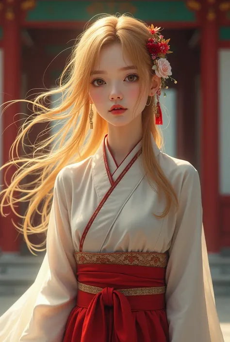 1 girl,  Japanese, traditional features , traditional clothing,  she is in a Buddhist temple ,  she is facing the spectator,  red lips ,  loose amarelo dourado hair carried away by the wind   ,  excellent quality  