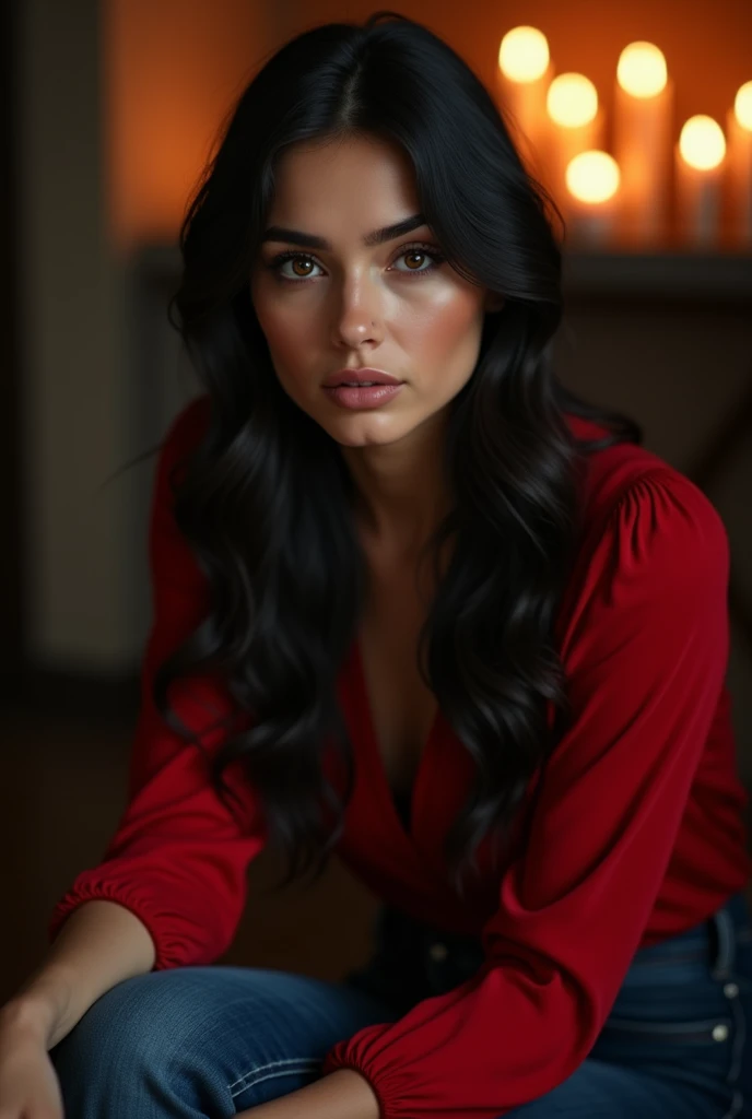  ((Face and eyes)), ((hyper realistic)), (highly detailed), perfect,hyper realist,beautiful girl with black hair,dark brown eyes,serbian looking girl black jeans,red blouse long sleeeves,sitting in half dark room with canldles romantic atmosphere, looking ...