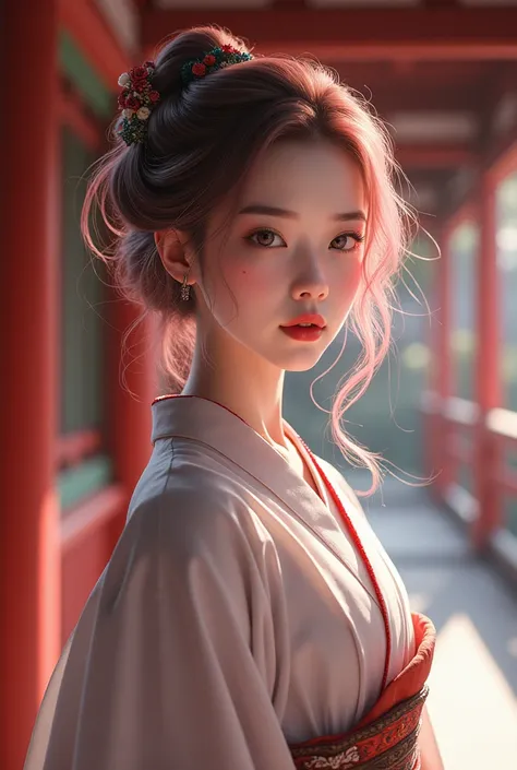 1 girl,  Japanese, traditional features , traditional clothing,  she is in a Buddhist temple ,  she is facing the spectator,  red lips ,  loose rosa hair carried away by the wind   ,  excellent quality