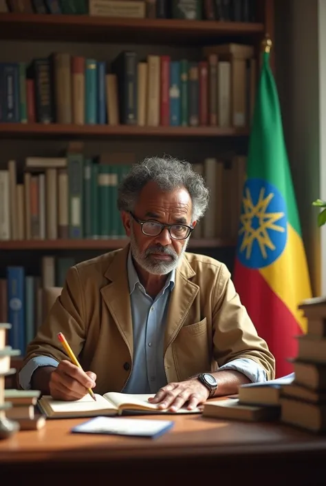 40 years ethiopian man, His hair started to fall out, with aye glass who sits and write in office, amharic books on the tabel, Ethiopian flag