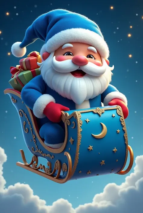 Create an image of Doctor Simi in a blue Santa Claus costume on a blue sleigh that flies across the night sky, Without Beard