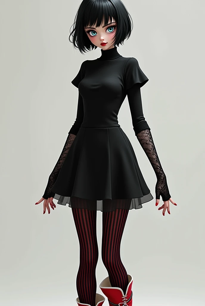 Mavis is a beautiful young vampire woman with a slim-yet-curvy figure, small fangs, pale-fair skin, light blue eyes and short black hair kept into a bob with flipped-out ends and V-shaped bangs. She also wore black lipstick, black nail polish and black eye...