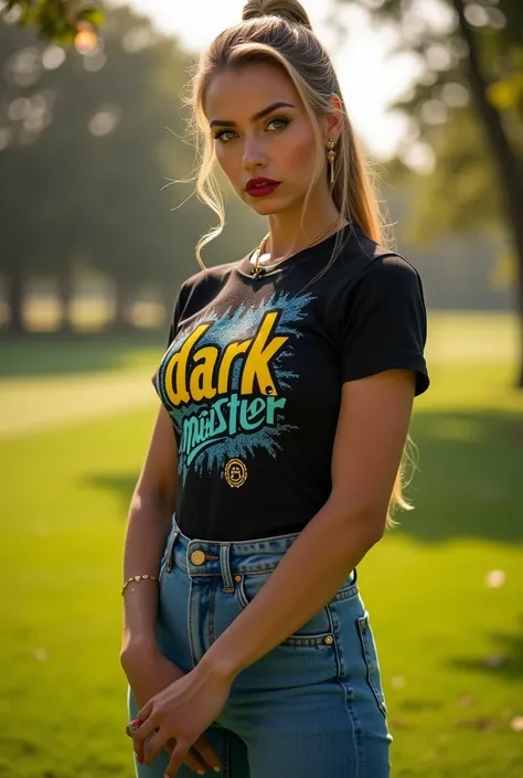 A stunning beautiful white slim 22-year-old woman with muscular physique, exuding elegance and beauty, midday, on a vibrant golf playground, adorned in gold ornaments and red lipstick, panoramic shot with warm color grading, soft focus. She is wearing a Bl...