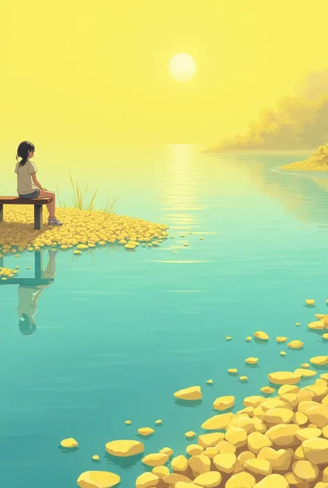 crystal clear water of River with yellow sky and small yellow stone
a girl is sitting over the River on a bench
no tree and sun were there