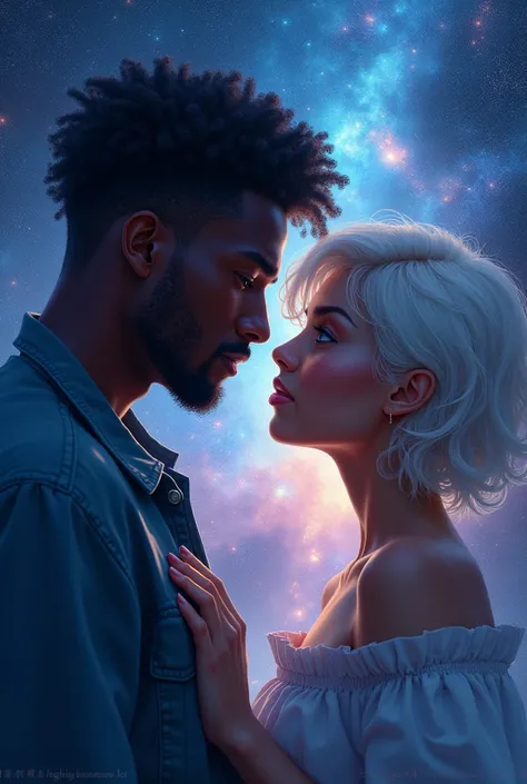 Cover of a novel depicting a black man and a mixed woman, she has blue eyes and short, frizzy white hair, they are in the galaxy., realistic minimalism , vrai personne 