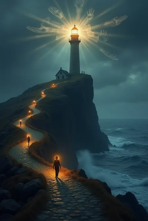 A grand lighthouse on a rocky cliff under a dark stormy sky, radiating bright beams of light cutting through the darkness. The light beams are detailed with subtle images of hands reaching out, symbolizing support and guidance. The background is a turbulen...