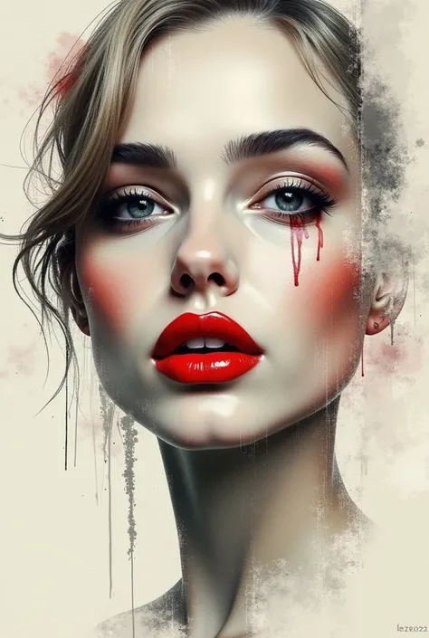 creative abstract art, rough sketch, torn paper, a beautiful woman face, red glossy lips, minimal background, muted colors