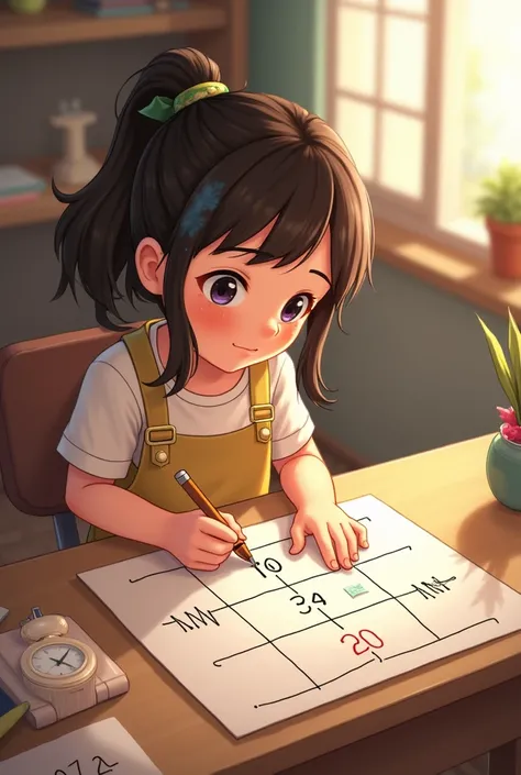 Girl drawing hopscotch on a sheet writing on a desk only the numbers from 10 to 19