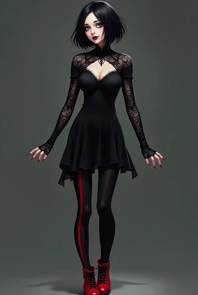 Mavis is a beautiful young vampire woman with a slim-yet-curvy figure, small fangs, pale-fair skin, light blue eyes and silky black hair kept into a bob with flipped-out ends and V-shaped bangs. She also wore black lipstick, black nail polish and black eye...