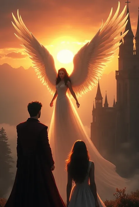 Damon Salvatore and  ( Elena Gilbert with angel wings, she just )  together and Estefan Salvatore, his friend, looking at them with happiness and everyone is looking at the sunrise behind a Gothic vampire castle