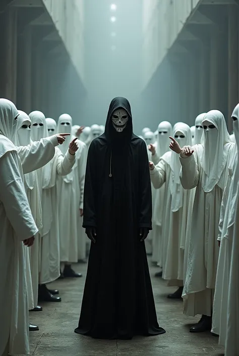 A person all in black with black skin with a black and white mask covering their face,  with several people all in white with white skin, Pointing to the person in black , with a phase in the image written Theyre Not Like Us 